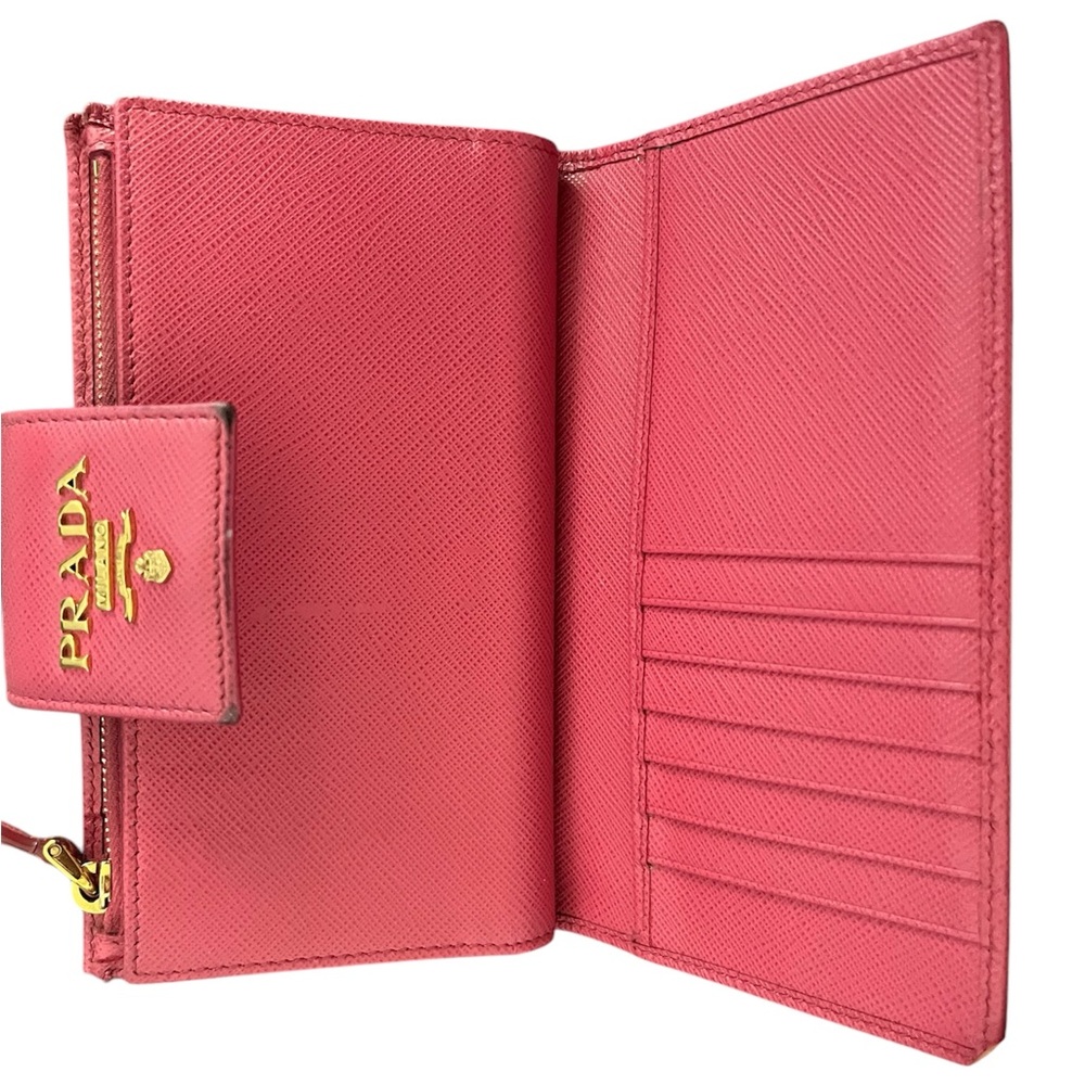 Prada Pink Saffiano Metal Leather Logo Flap Wallet